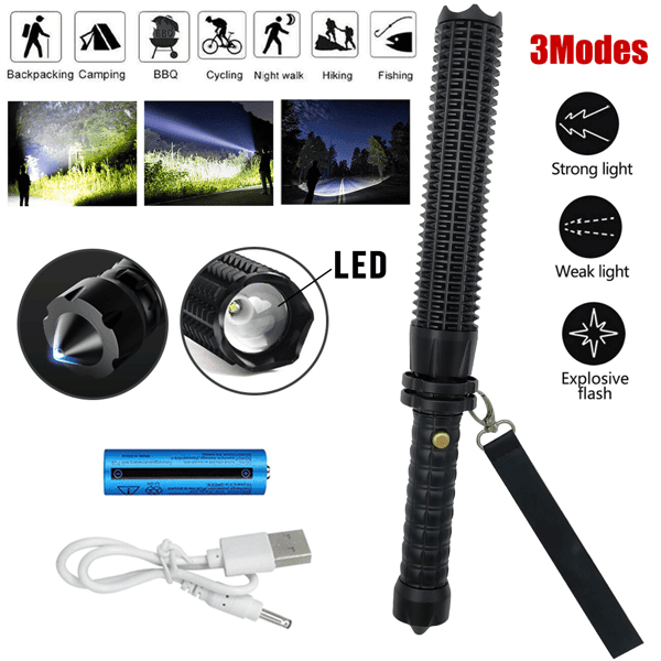 USB Rechargeable LED Flashlight Retractable Torch 3 Mode Zoomable Security Light Outdoor Flashlight Set